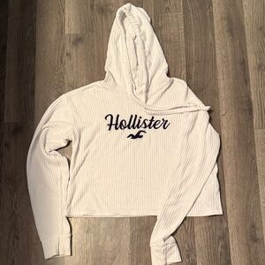 Hollister Cream Waffle-Knit Cropped Hoodie with Navy Logo